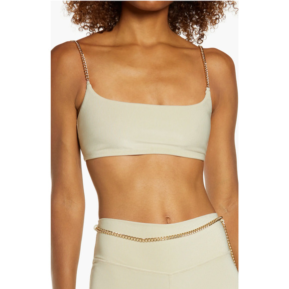 WeWoreWhat Chain Cami Bra Top Ribbed Cropped Khaki Revolve Athleisure Large NWT - Picture 1 of 13